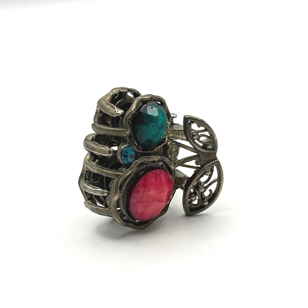 Vintage Style Mini Hair Claw Clip Bronze Filigree Red Teal Faux Stone Ornate